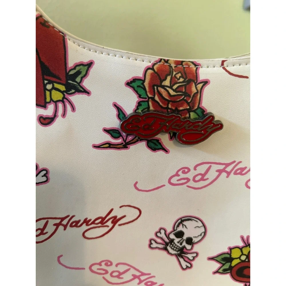 Ed Hardy Tattoo Print Shoulder Bag White Skull Rose Heart Y2K Satchel Tote